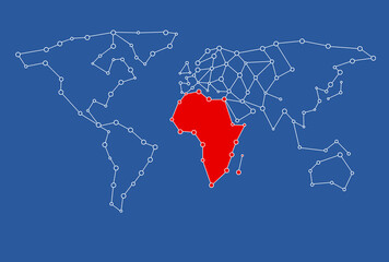 Illustration of a dot-connected world map with Africa colored red isolated on a blue background


