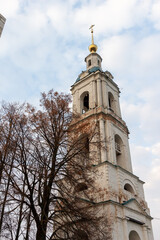 Belfry in Gavrilov Posad in october day with white and blue sky