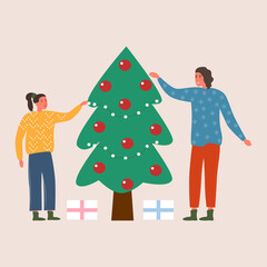 Mom and daughter exchange holiday gift boxes for Christmas while decorating the tree with garlands. Cartoon vector in flat style. A family in New Year's sweaters is celebrating 