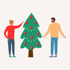 Fototapeta premium Portrait of a cartoon couple in warm holiday clothes decorating a Christmas tree together. vector in flat style. A man holds a garland and a woman puts toys on the branches. The couple is preparing 