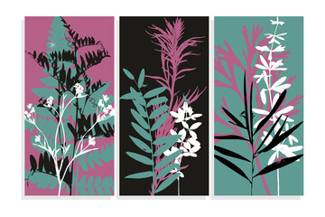 Set of abstract vertical backgrounds with botanical elements. Silhouettes of wild forest herbs isolated on colored background. Vector illustration