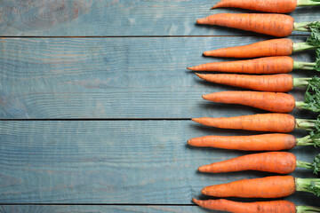 Fresh carrots on blue wooden table, flat lay. Space for text