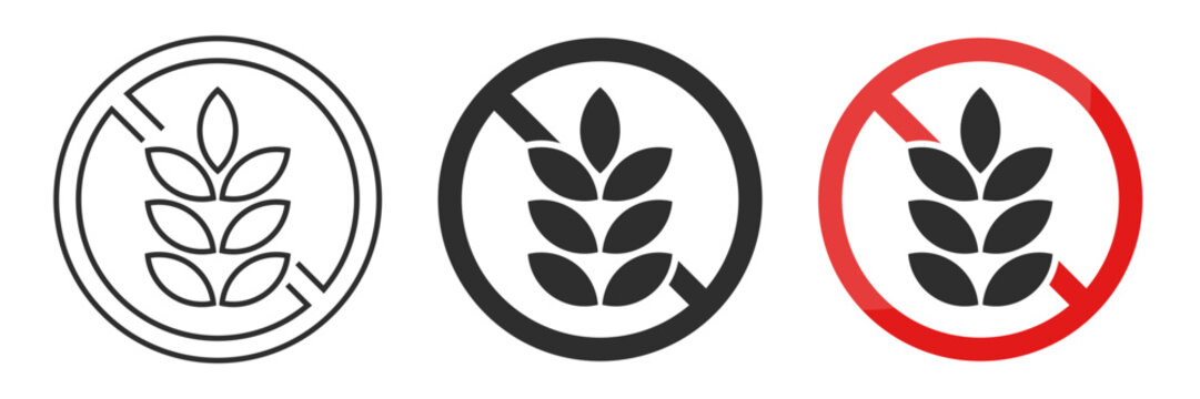 Gluten free vector icon set. No wheat or gluten symbols. Wheat grains isolated on white background. Vector illustration.