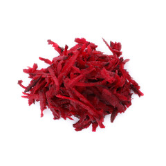 Heap of grated fresh red beet on white background, top view