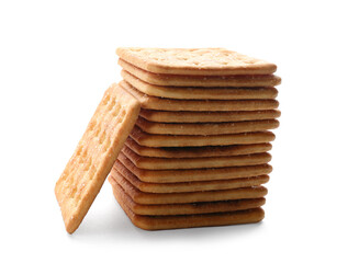 Stack of delicious crispy crackers isolated on white