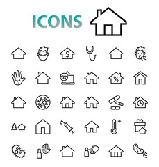 Simple set of line vector home icons. Contains house symbols at interest, infuse house and more. Editable stroke. 480x480 pixels perfect