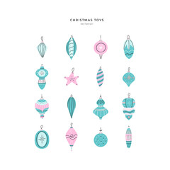 Vector bundle of various christmas tree toys, cute set of baubles or balls and different decorations. Hand drawn illustration in flat cartoon style.
