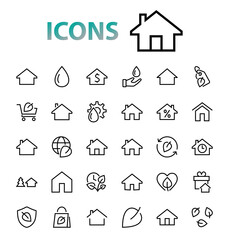 Simple set of line vector home icons. Contains house symbols at interest, infuse house and more. Editable stroke. 480x480 pixels perfect