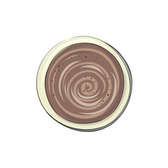 Drinks cups of coffee and tea. Mugs of aromatic cappuccino and americano with milk, drawings, scribble foam. Hand drawn cartoon style flat drinks. Top view.