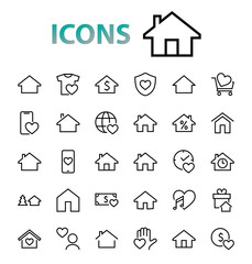 Simple set of line vector home icons. Contains house symbols at interest, infuse house and more. Editable stroke. 480x480 pixels perfect