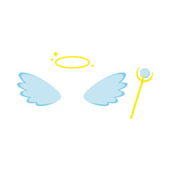 Angel costume with wings, halo, staff attributes isolated on white background. Cute angelic feather wings and gold nimbus, stick photo props set. Flat design cartoon suit vector illustration.