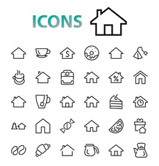 Simple set of line vector home icons. Contains house symbols at interest, infuse house and more. Editable stroke. 480x480 pixels perfect