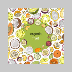 Vector banners of tropical fruits with seamless pattern. Design for juices, ice cream, natural cosmetics, sweets and pastries with fruit filling, dessert menu, health products. With place for text.