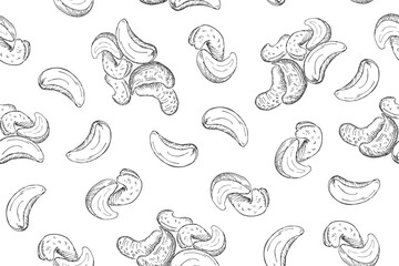 Seamless pattern with cashew nuts. Line art style.