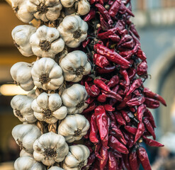 Garlic and Chili peppers close up, street market in Budapest