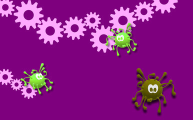 Working. Colorful gear wheels. Achievements and objectives. Abstract 3D illustration with references to the concept of team solution, progress, evolution or teamwork. Covid-19, Simulated virus drawing