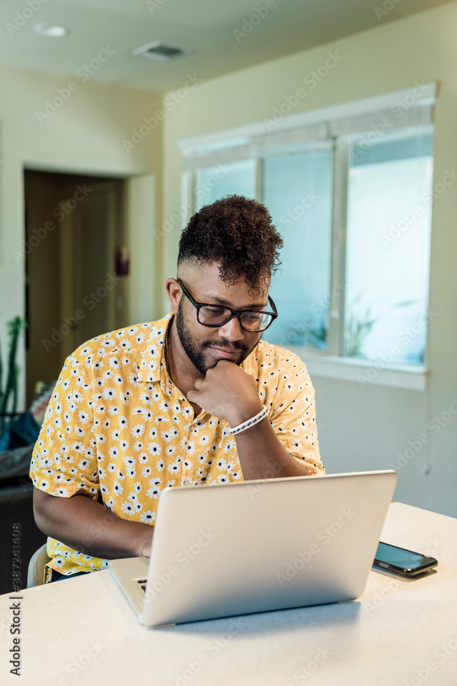 Wall mural man working from home on laptop computer