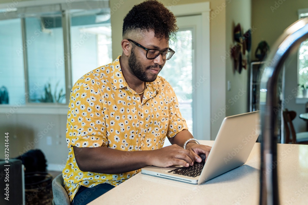 Wall mural man working from home on laptop computer