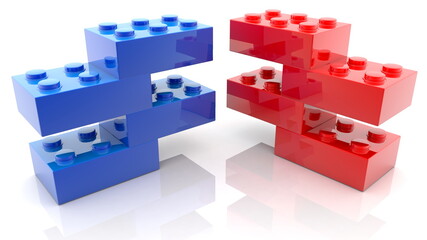 Two constructions of toy blocks in red and blue