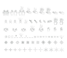Set of thin line handdrawn illustrations. Magic design elements. Vector astrology and fortune tellers symbols. Isolated occult and alchemy icons 