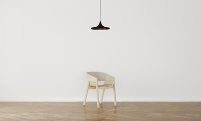 White interrior with dark flat lamp and chair