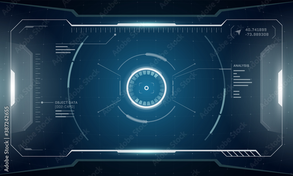 Poster vr hud digital futuristic interface cyberpunk screen design. sci-fi virtual reality technology view 