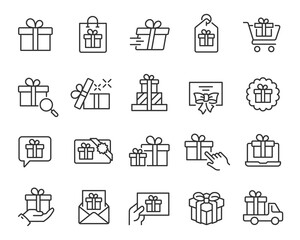 Gifts and Presents Icons set. Collection of simple linear web icons such Gift Box, Delivery of a Gift, Gift Cards, Gift Certificate and others. Editable vector stroke.