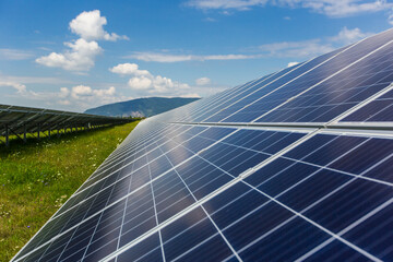 Aerial view of Solar panel, photovoltaic, alternative electricity source - concept of sustainable resources on a sunny day