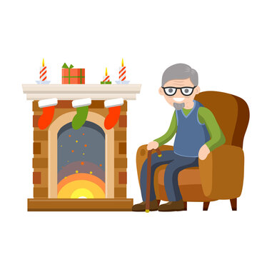 Old man sits in chair by fireplace. Grandpa in nice cozy house. Room furniture and grandfather. Winter concept. Flat cartoon. Fire, box and sock with gift. Senior celebrates new year and Christmas