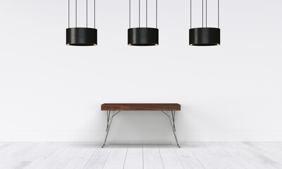 Fototapeta premium Modern workspace with desk and lamp in minimalistic interior