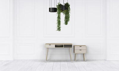 Modern workspace with desk and lamp in minimalistic interior