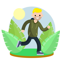 Obraz na płótnie Canvas Young man in Hoodies. Running and sports. Active lifestyle. Movement and walking. Cartoon flat illustration. Park and nature. Leaves of plants. Summer season.