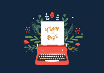 Christmas and Winter Holidays Theme Illustration of Red Typewriter and Green Ornament. Merry and Bright Sign. Vector Design - 387244675