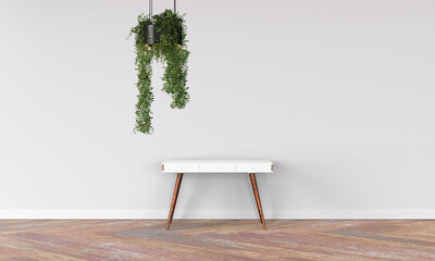 Modern workspace with desk and lamp in minimalistic interior