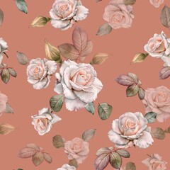 Floral seamless pattern with watercolor white roses - 387244806