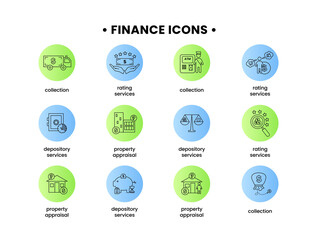 Finance. Vector illustration set of icons depository services, property appraisal, rating services, collection.