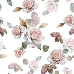 Floral seamless pattern with watercolor white roses - 387244889