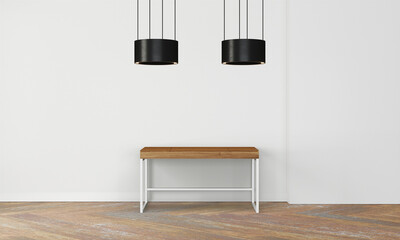 Modern workspace with desk and lamp in minimalistic interior