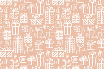 Vector Christmas background with hand drawn gift boxes in different wrapping paper and with bowknots.