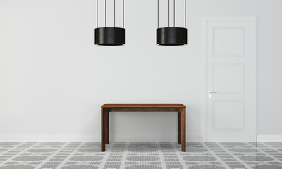 Modern workspace with desk and lamp in minimalistic interior