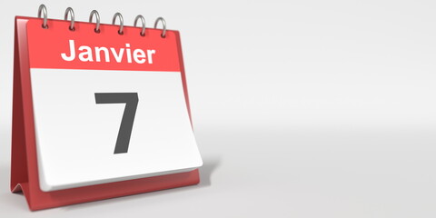 January 7 date written in French on the flip calendar page, 3d rendering