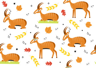 Obraz premium Seamless pattern with antelope. Vector illustration with animal antelope, plant leaves, star, doodle