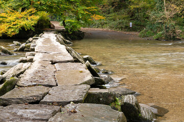 View of the clapper bridge at Tarr Steps in Exmoor National Park