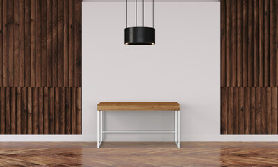 Modern workspace with desk and lamp in minimalistic interior