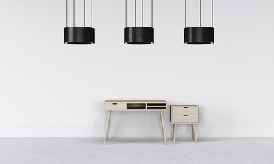 Modern workspace with desk and lamp in minimalistic interior