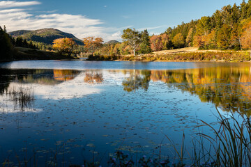 The colors of autumn foliage reflect on Little Long Pond near Acadia National Park, Maine.