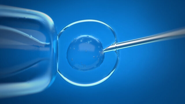 Medical macro 3D illustration of a stem cell injection. Needle inserting biological material through a membrane into a cell. Genetic Engineering. 