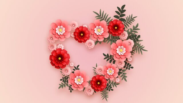 Flower Heart composition. Leaves and flowers pattern. Floral celebrative heart shape ornament. Gentle pastel pink colors palette. 3D Render. Valentine, Women Day. Natural Spring or Summer Illustration