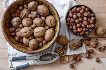 walnuts and hazelnuts on wood