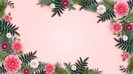 Pink Flower corner frame composition. Leaves, flowers grow and bloom. Bright roses or peonies pattern. 3D Render. Mother Day, Birthday celebrative template. Abstract Spring, Summer border ornament